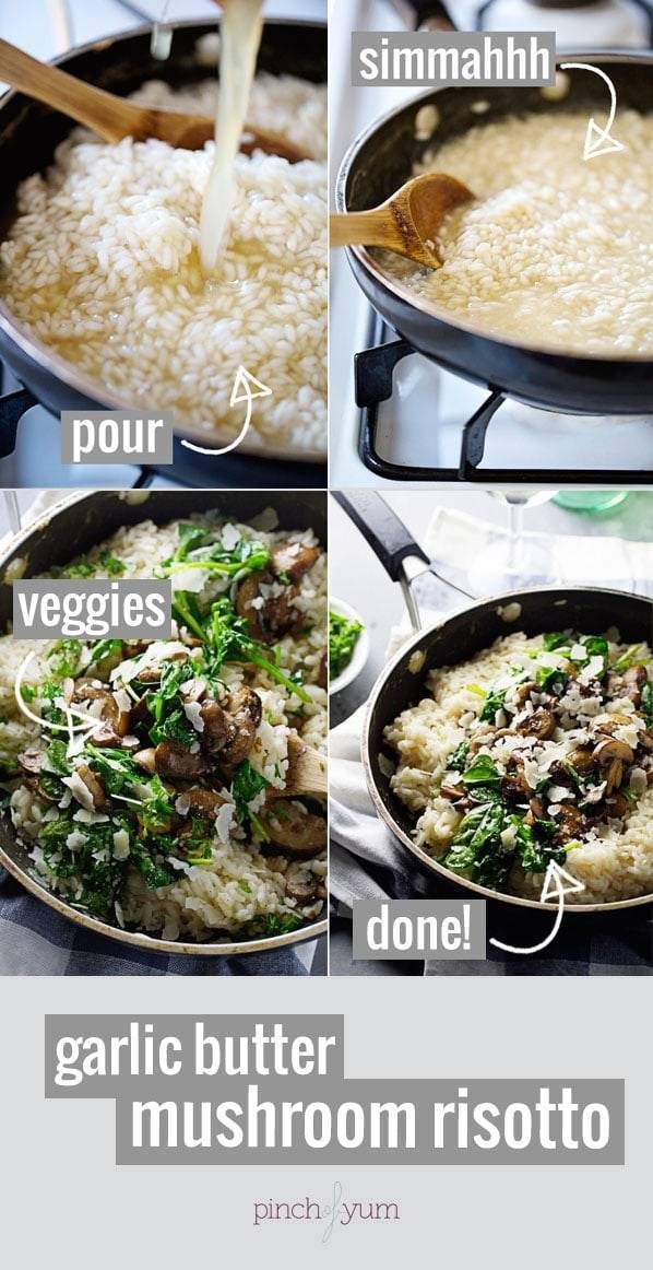 Process of making mushroom risotto.