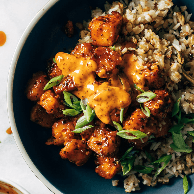 Chili crunch tofu with rice.
