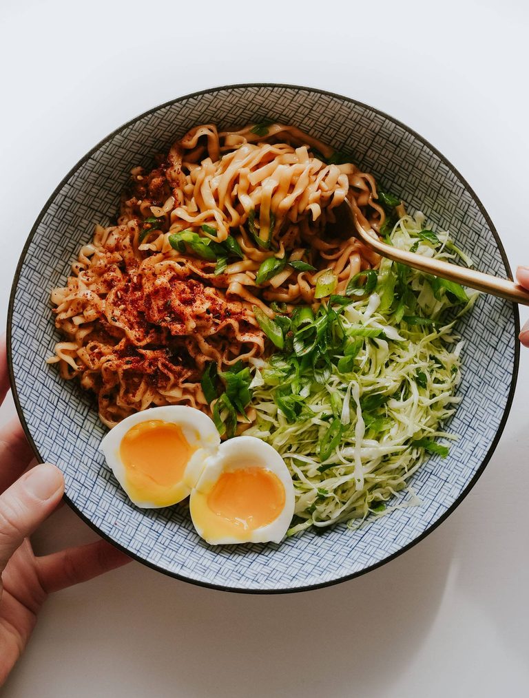 Sesame butter noodles with slaw.